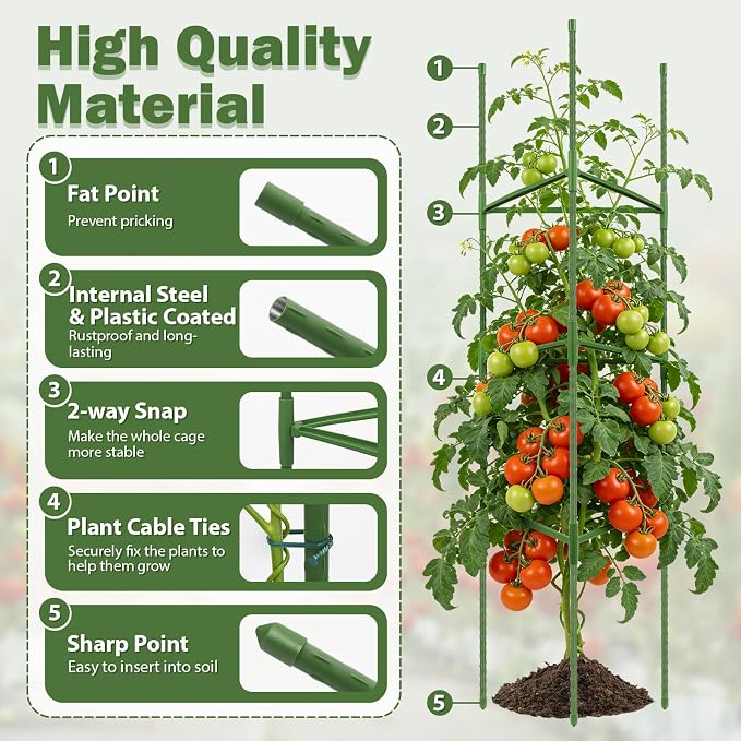 6 Pack Tomato Cage for Garden Plant Supports, 48 Inch Tomato Trellis for Potted Plants, Heavy-Duty Garden Plant Stakes for Climbing Vegetables Plants Cucumber Peony Flowers, Green