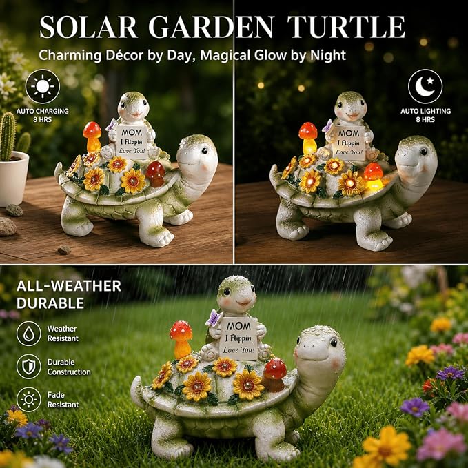 Solar Turtle Garden Statue 7.5 inches, I Flippin Love You Tortoise Figurine with 7 LED Lights, Outdoor Lawn Decor for Patio, Yard, Balcony, Birthday for Mom, Grandma, Women