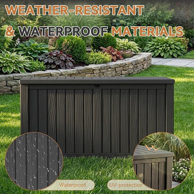 190 Gallon Large Outdoor Storage Box Waterproof, UV Resistant Resin Deck Box with Hydraulic Rod & Lockable Latch for Patio Furniture, Outside Storage Box for Garden Tools, Patio Cushions, Black