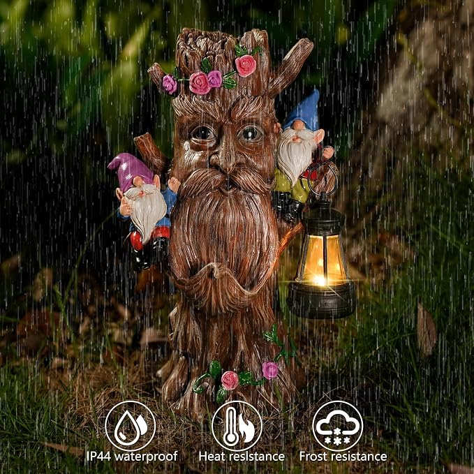 Joint Honglin Solar Tree Face Garden Statue with Lantern, Lighted Tree Gnome Garden Decor, Resin Forest Guardian Sculpture, Outdoor Waterproof Fairy Garden Decoration for Yard Lawn Patio Porch