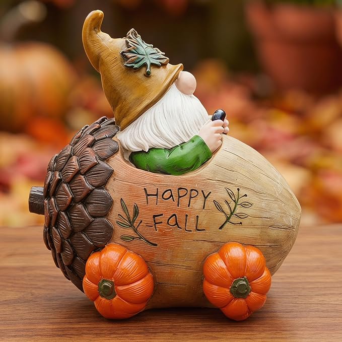 Topadorn Fall Gnome Pine Cone Car Figurine, Resin Harvest Gnome Statue with Pumpkin Wheels and Happy Fall Sign, Thanksgiving Table Decoration, Farmhouse Autumn Decor for Indoor & Outdoor