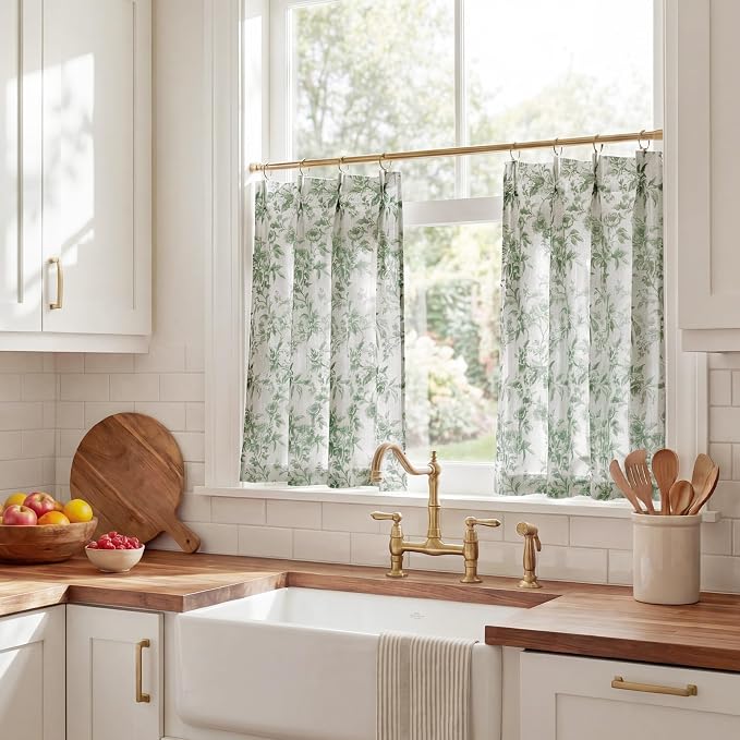 StangH Sage Green Kitchen Curtains 36 Inches, Shabby Chic Peony Floral Pinch Pleated Cafe Drapes, Light Filtering Small Window Tiers for Cottagecore Home Decor, W26xL36, 2 Panels