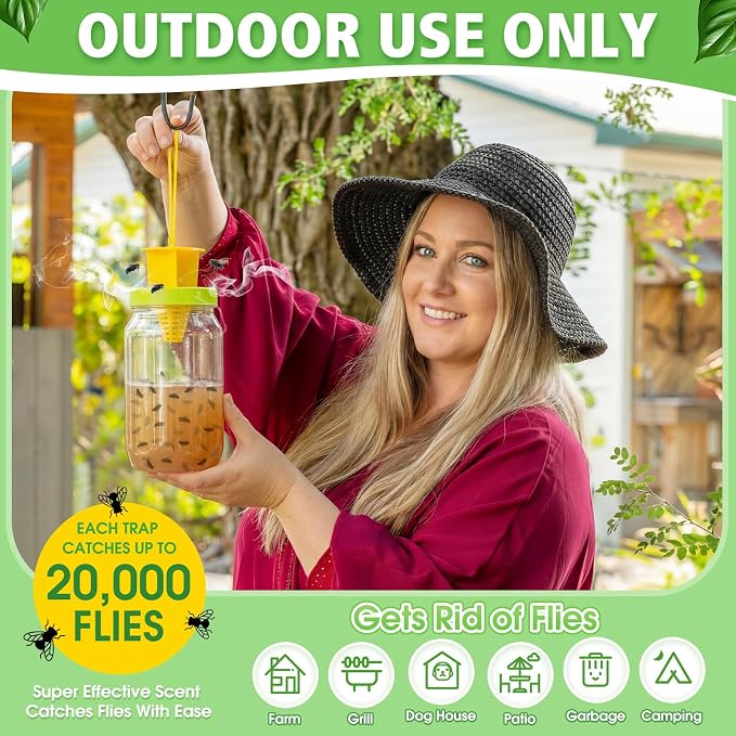 12 Pack Fly Traps Outdoor, Reusable Fly Catcher Bottles with Bait Hanging Flies Traps with Non-Toxic Dissolvable Bait Refills for Flying Insect Drain Patio Garden Yard Barn Outdoor