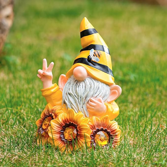 Joint Honglin Solar Garden Gnome Statue with Crystal Sunflower Lights - Outdoor Bee Gnome Figurine with Glowing Bee, Waterproof Resin Yard Art Decor for Patio, Lawn, Porch, Summer Gardening Gift