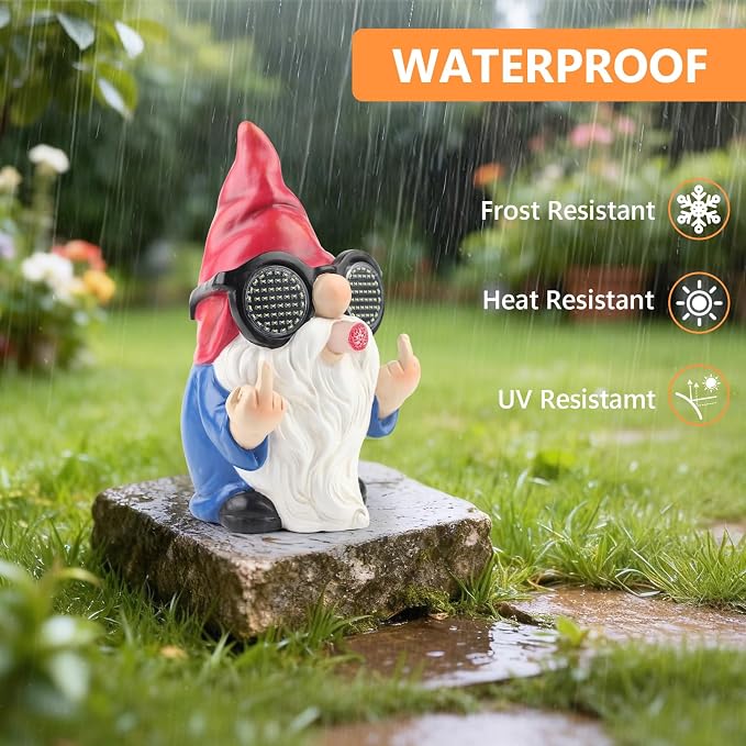 Gnome Statue with Solar LED Glasses, 8.3 in Funny Garden Gnome Statue for Outdoor Decor, Naughty Gnomes Ornaments for Home, Yard, Lawn, Patio and Balcony Decoration