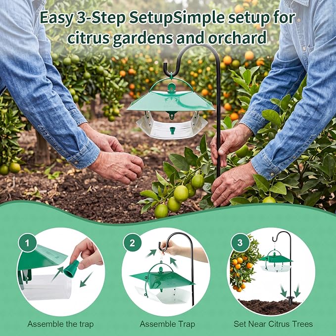 5 Pcs Reusable Leafminer Trap with Pheromone Lures, Bucket Style Insect Trap with 36.2'' Ground Stake, Outdoor Monitoring Tools for Citrus Trees Garden Orchard (2 Lures Included)