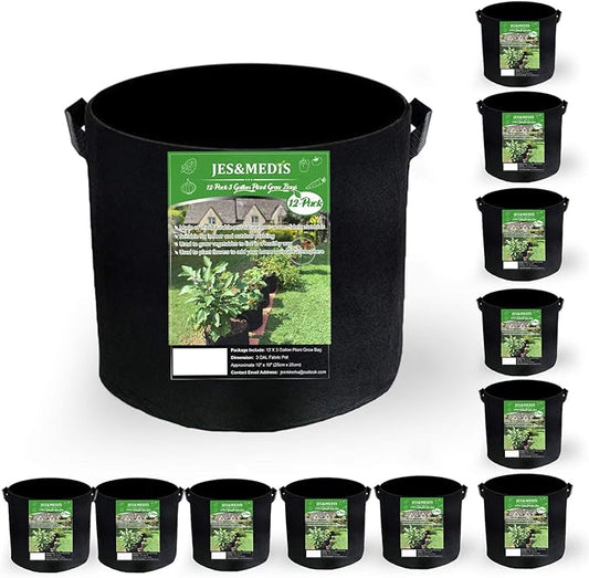 JES&MEDIS 12-Pack 3 Gallon Plant Grow Bags Thick Aeration Non Woven Fabric Flower Vegetable Pots with Handles Garden Container Black (3 Gallon_12 Pack)