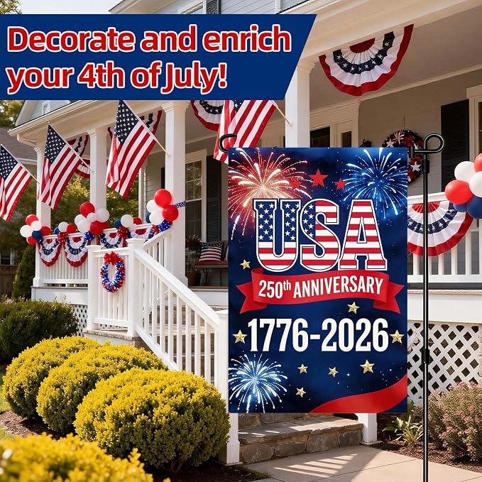 250 Anniversary USA Garden Flag, Double Sided Waterproof Patriotic USA Flag 1776-2026, Outdoor Yard Decor (12x18'')