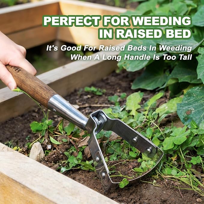 Haliaeetus Scuffle Hoe, 16.8'' Stirrup Hoe for Weeding Precisely in Raised Bed, Stainless Steel Action Hoe for Weeding in Push-Pull Motion, Hula Hoe with Compact Size for Weeding in Between Plants