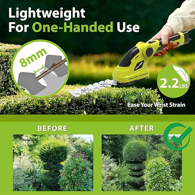 Grasstigon Hedge Trimmer Cordless Grass Shear Handheld Grass Trimmer, 2 in 1 Electric Bush Trimmer, 7.2V Lightweight Rechargeable Shrub Trimmer for Garden Yard Lawn, Type-C Cable Included (Green)