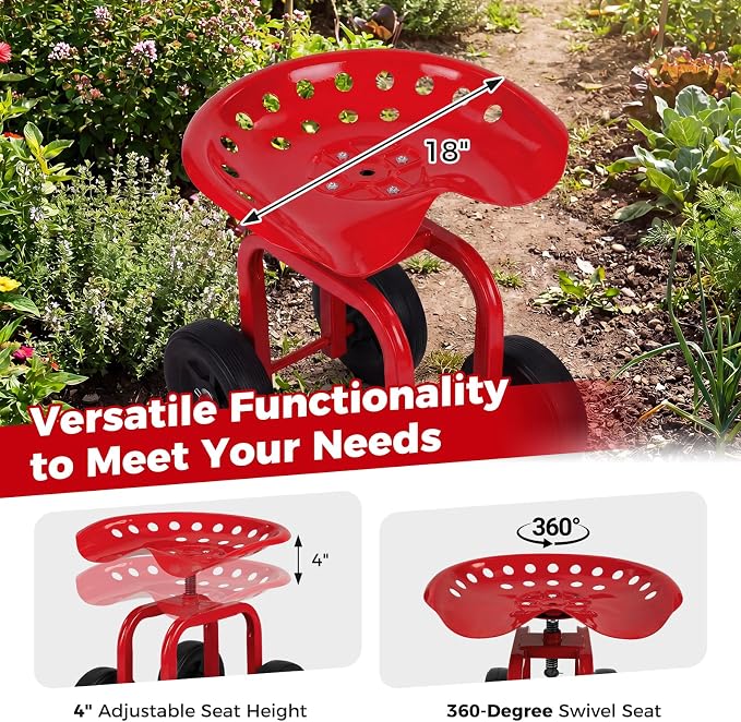 Giantex Garden Cart, Rolling Workseat with 4 Wheels, Garden Stool 360° Swivel Work Seat & Adjustable Height, Heavy Duty Wagon Scooter for Gardening for Patio Garden, Lawn, Yard (Red)