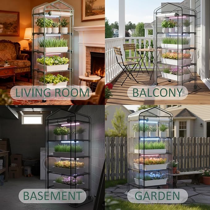Mini Indoor Greenhouse with Grow Light - Portable Outdoor for Plants Green House Cabinet with Wheels, Tent Cover, 4 LED Lights with Dimmable 3 Color 36W, 4 Tier Gardening Shelves
