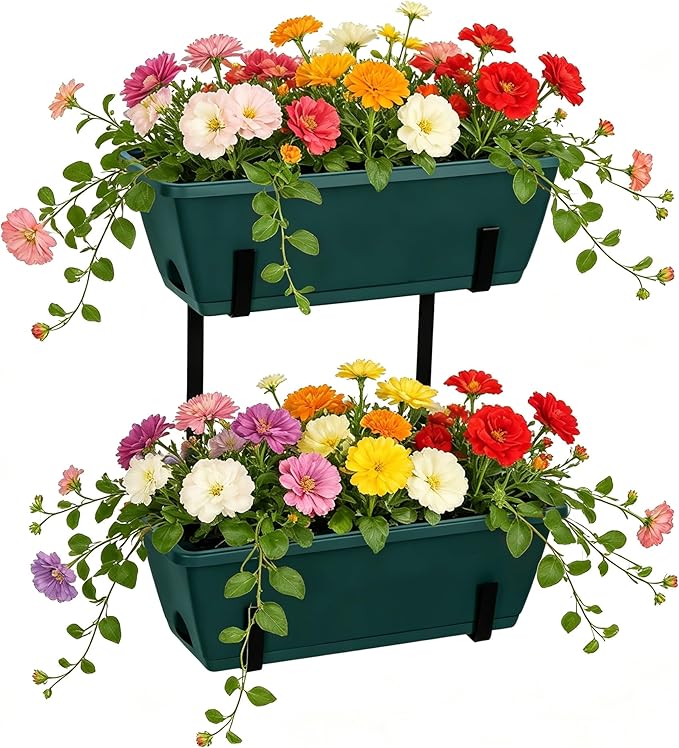 2 Pack Window Boxes Planters 17’’ Railing Hanging Planter Boxes for Outdoor Plants with Double Adjustable Brackets Rectangle Deck Railing Flower Pots Herb Planter for Fence Patio Balcony