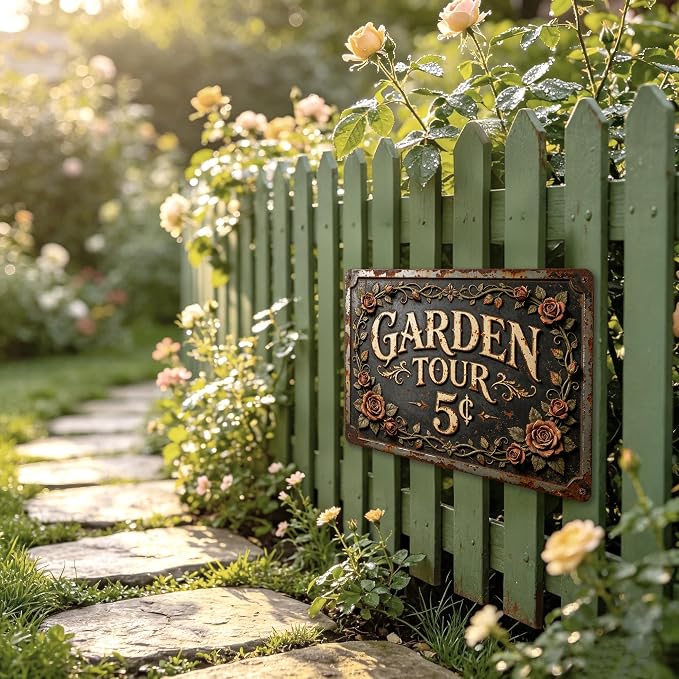 2D Flat Funny Garden Signs, Garden Tour 5¢ Vintage Outdoor Wall Decor for Patio Yard Greenhouse Home, Waterproof Garden Gifts 12x8 Inch