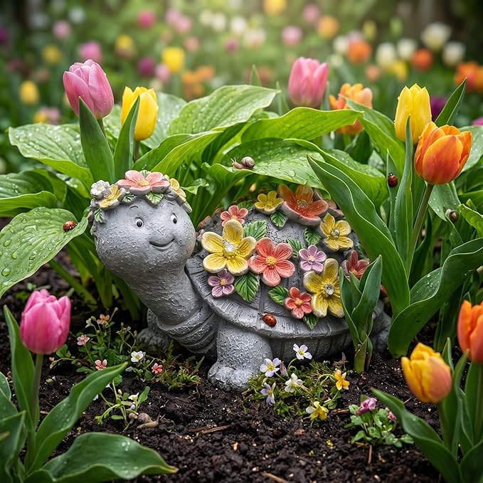 Solar Turtle Statues Garden Decor - Cute Turtle Figurine with Flowers Solar Lights, Tortoise Statue for Outdoor Yard, Lawn, Patio Decoration - Birthday Gifts for Mom Grandma Women