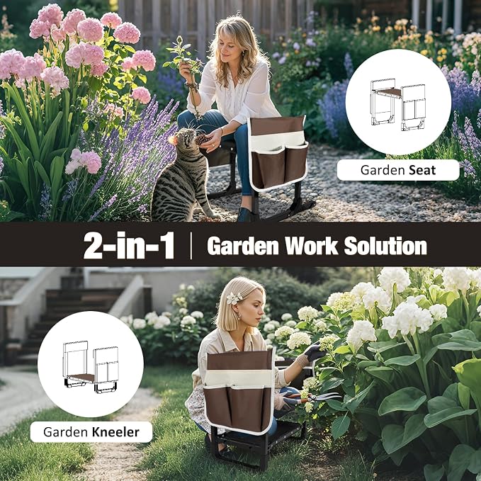 Garden Kneeler and Seat, Gardening Kneeler Foldable Garden Stool with Anti-Tipping and 10" Thicken & Widen Soft Garden Kneeling Pad,Great Gardening Gifts for Women Men and Seniors (Brown)