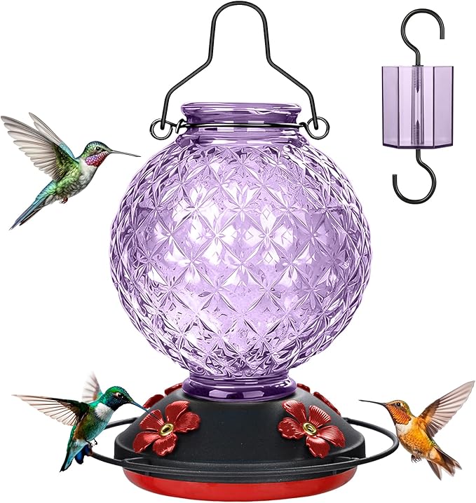 25 OZ Glass Hummingbird Feeder for Outdoors, Leak Proof Hummingbird Feeder with Ant Moat, 4 Bee Resistant Feeding Ports, Easy Clean Wide Mouth Design, 360° Perch, Purple