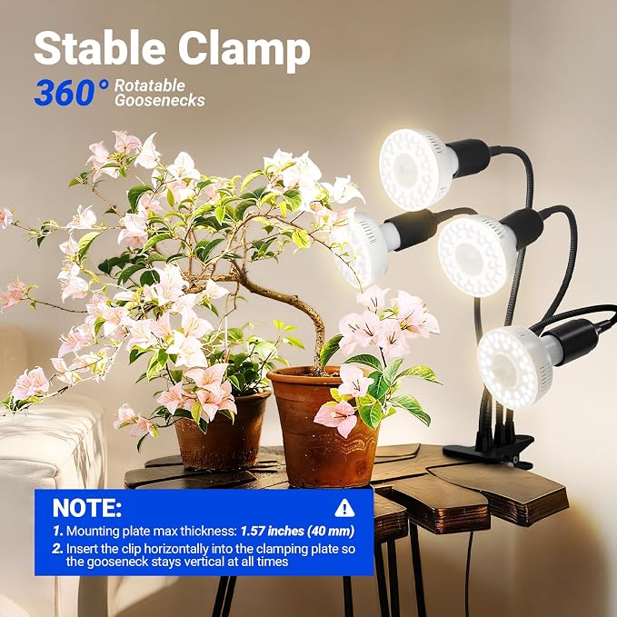 Barrina Orbgrow OG11A4 Clip On Grow Lights for Indoor Plants, Integrated Stepless Dimming & Timing, 4000K 44W(4 x 11W, 400 Watt Equiv), Full Spectrum 4-Gooseneck with E26 Plant Light Bulbs