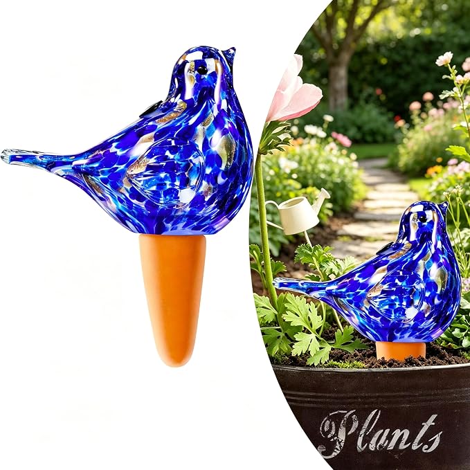 Plant Watering Globes, Bird Glass Self Watering Planter Insert - Glass Plant Water Globes for Daily Use, Planter Spikes to Support Indoor & Outdoor Plant Health, Dark Blue