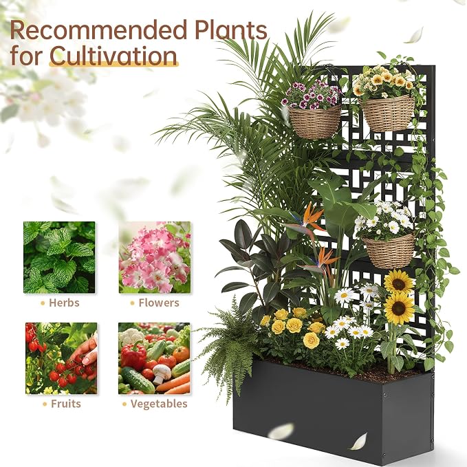 Outvita Metal Planter Box with Trellis, 44’’ x 24’’ x 9’’ Raised Garden Bed with Drainage Holes for Climbing Plants, Vegetables, Vines, Privacy Planters for Patio (Black)