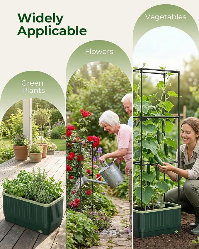 Raised Garden Bed Planter Box with Trellis, Self Watering Tomato Planters for Climbing Plants, Tomato Cage Trellis for Vegetables & Vine Flowers Indoor Outdoor Patio (Dark Green, 51.2In(2PCS))