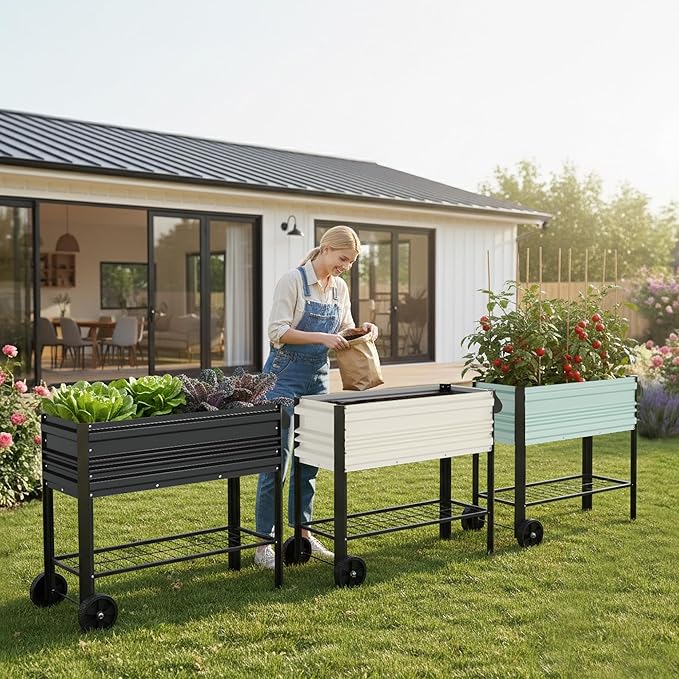 WORKPRO Galvanized Raised Garden Bed with Legs & Wheels, 37x14.6x31.6in, 400LB Capacity Elevated Planter Box for Garden, Backyard, Patio & Deck, White
