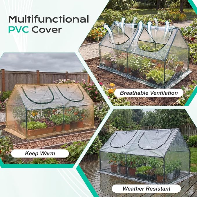 BPS 4x2x2 ft Mini Greenhouse with Transparent PVC Cover UV-Protected Roll-Up Zipper Windows, Ideal for Indoor or Outdoor Use on Raised Garden Beds