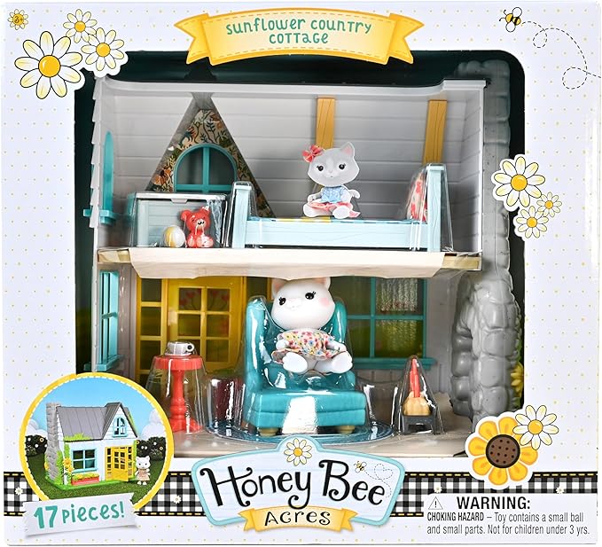Honey Bee Acres 11" Tall Sunflower Cottage Doll Playset, 17 Pieces,White