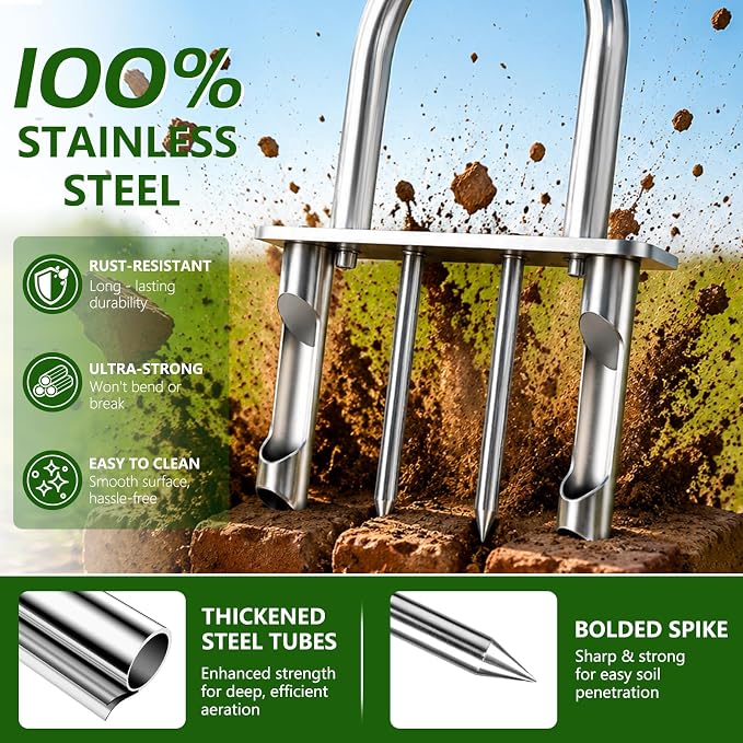 Manual Lawn Core Aerator Tool with 2 Hollow Tines & 2 Spikes, Adjustable Semi-Assembled Plug Aerator, Stainless Steel Grass Aerator for Lawn Care, Garden & Yard, Relieves Compacted Soil