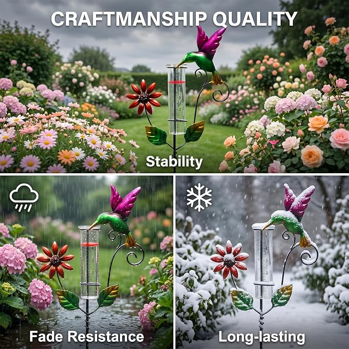 Hummingbird Rain Gauge Outdoor, Glass Rain Gauge with Floating Discs for Easy Reading, Freeze-Proof Adjustable Height Decorative Rain Gauges for Yard Garden Decor, Unique Gardening Gifts for Women