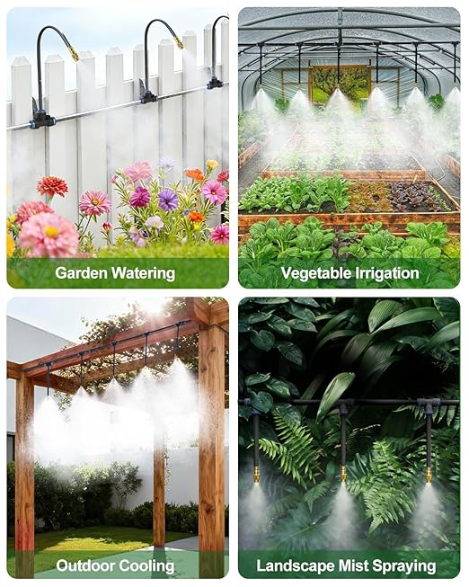 Upgraded 5/16" Drip Irrigation Kit (100FT), High-Flow Garden Watering System with 16 Bendable 360° Brass Misting Nozzles, Quick-Push Connectors & Leak-Proof Design for Patio, Greenhouse & Flower Beds
