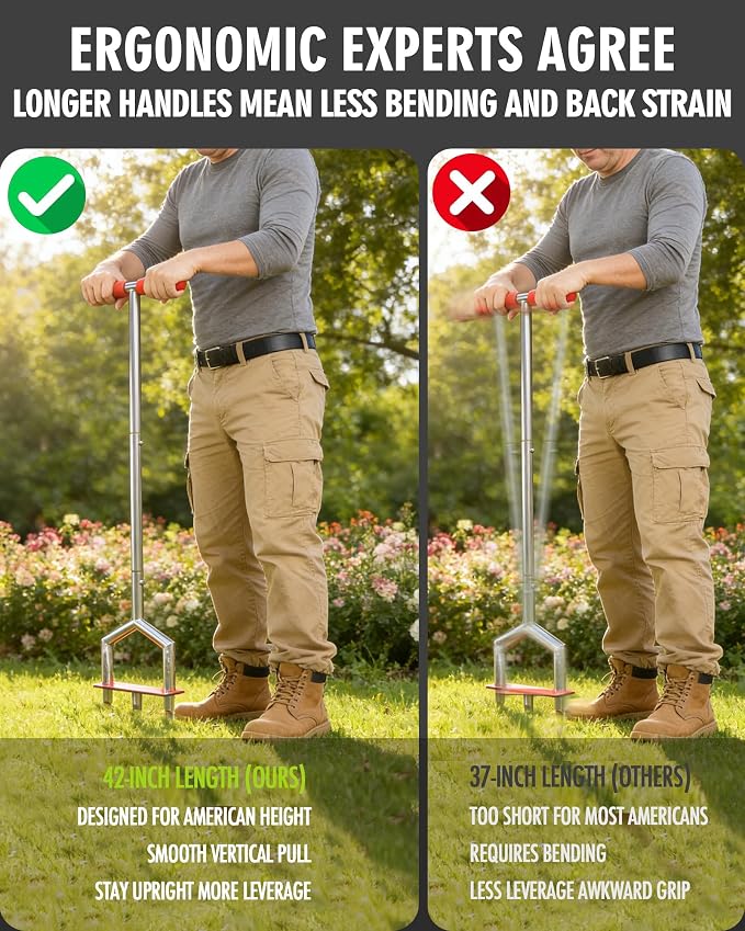 Manual Lawn Aerator - 42 Inch, 304 Stainless Steel Aerator Lawn Tool, Easy to Install, Rust Resistant, Core Aerator for Yard&Grass Compacted Soil, 3 Detachable Hollow Tines, Non Slip Foot Pad