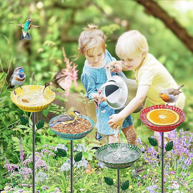 4PCS Flower Bird Baths for Outdoors —5.7" Metal Hummingbird Bath with Adjustable Stake, Colorful Garden Birdbath Decor Set for Outside Yard Lawn Patio(4PCS Herbacin)
