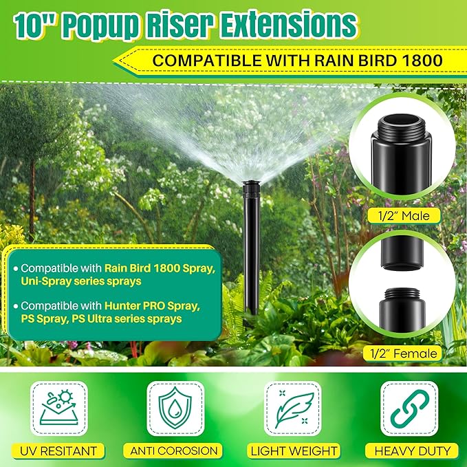 10" Popup Riser Extension Compatible with Rain Bird 1800 Series& Hunter Pro-Spray Sprinklers, Sprinkler Head Riser Extender with RotorTool, Garden Lawn Irrigation Spray Head (4 Set,Black)