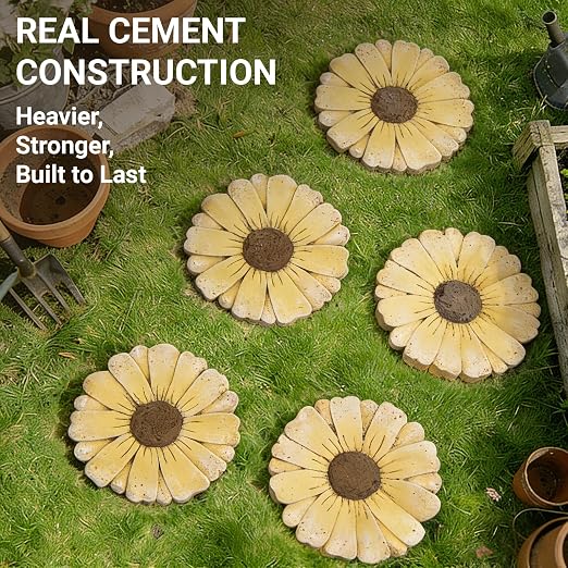 Heavy Duty Concrete Stepping Stone 10 Inch Daisy Design, Non Slip Garden Pathway Stone for Outdoor Walkway Yard Patio Lawn (Yellow)