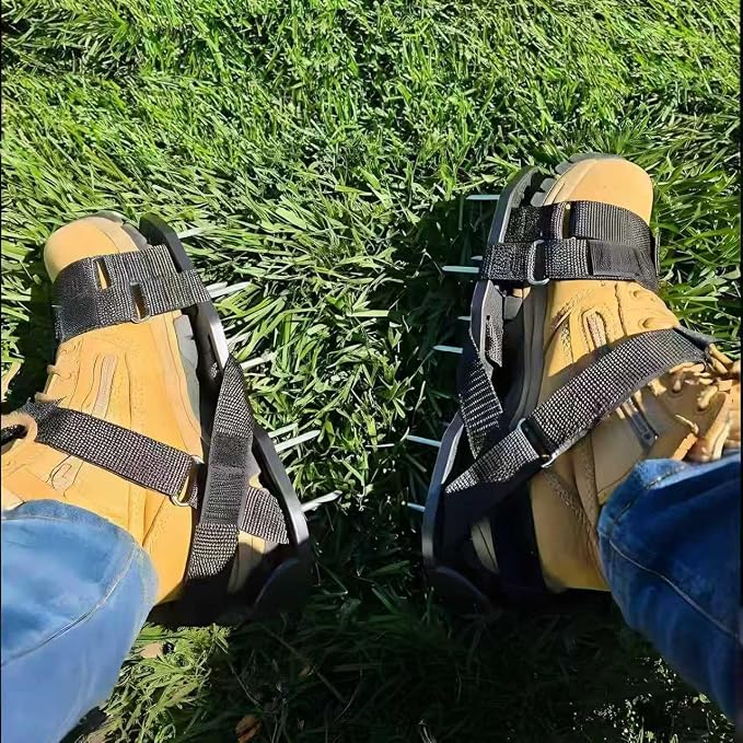 Lawn Aerator Shoes Pre-Assembled, Heavy Duty Lawn Spike Shoes with Adjustable Straps, Soil Aerating Tools for Yard Patio Garden, Includes Cleaning Shovel, Restores Lawn Health (Black)