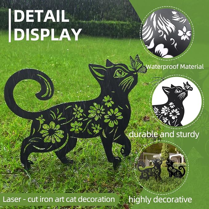 Metal Cat Garden Decor for Outside (2 Pack), 14 Inch Yard Art Stakes,Unique Cat Gifts for Kitty Lovers, Outdoor Lawn Statues and Weather Resistant Yard Art