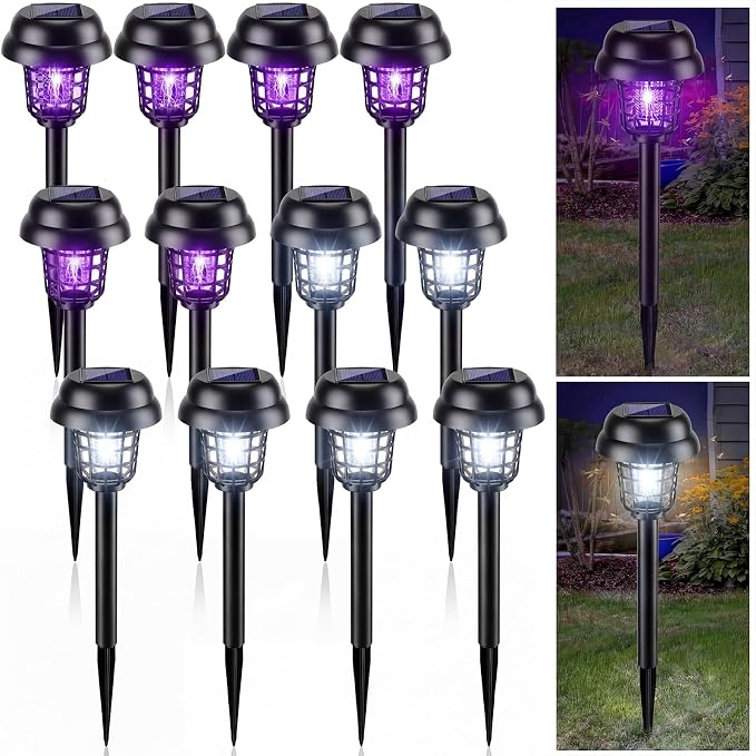 Qualirey 12 Pcs Solar Mosquito Zapper Outdoor Waterproof Solar Powered Bug Zapper Outdoor Mosquito Killer Lamp Trap Repellent Light for Garden Yard Insect (Purple and White Light,Black)