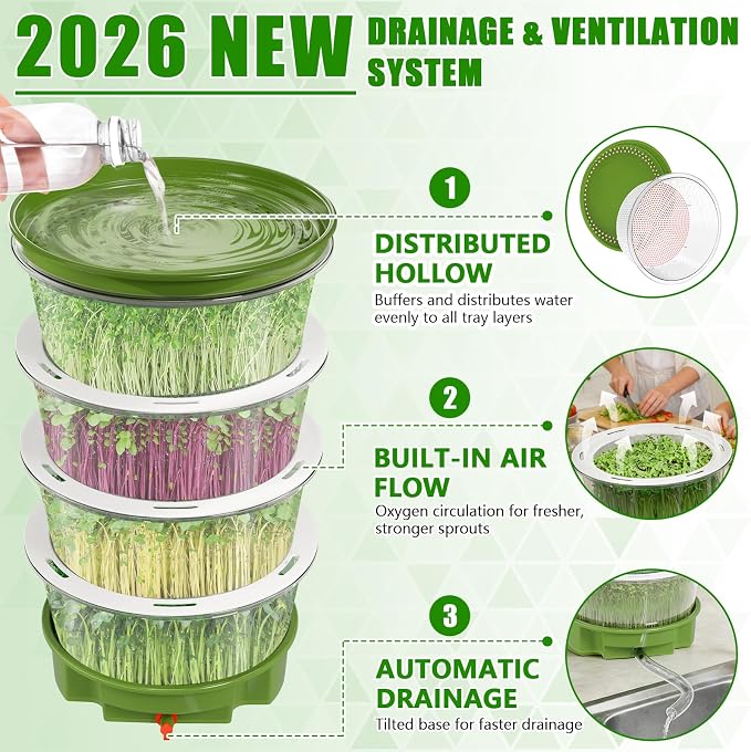 4-Tier Sprouts Growing Kit with Drain Hose & Ventilation Holes, Stackable Microgreens Growing Sprouting Trays Including Blackout Cover, Soil-Free Sprouter for Planting Broccoli Alfalfa Bean Seeds