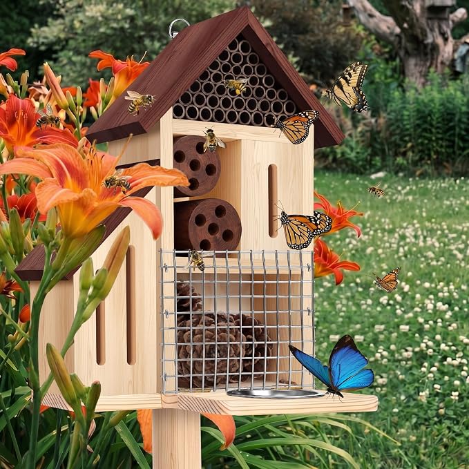 Hoteam Wooden Insect Hotel Bee Ladybugs Butterfly House Large Natural Mason Bee Lady Bug Hotel with Stake and Feeder for Garden Yard Backyard Attract Butterflies Pollinators Beneficial Insect(Brown)