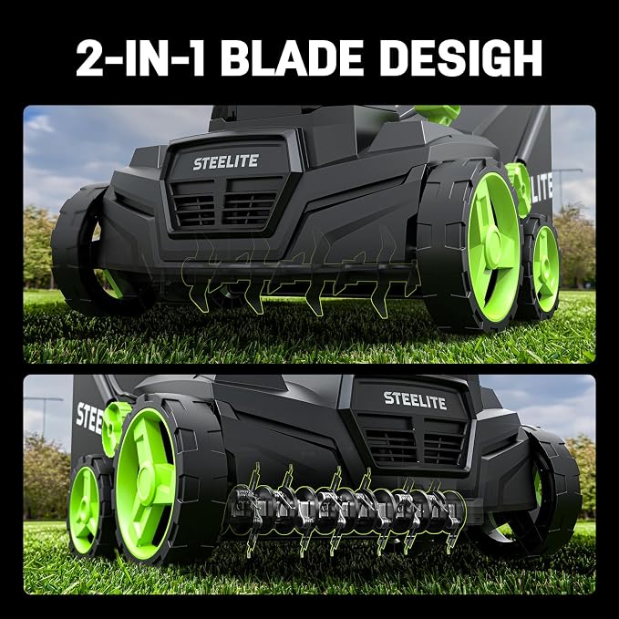 STEELITE 2 x 20V 15-Inch 2-in-1 Cordless Dethatcher and Scarifier, Brushless Electric Lawn Aerator with Collection Bag, 2 x 4.0 Ah Batteries and 2 Chargers Included