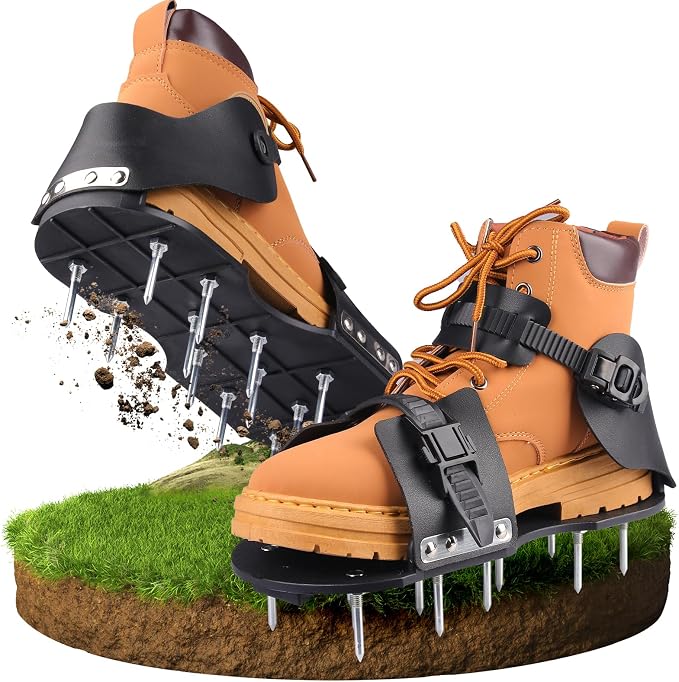 Lawn Aerator Shoes, Aerator Shoes with Adjustable Loop Strap and Snap-On Buckle, with 26 Stainless Steel Nails Lawn Aerator Shoes for Lawn Soil Aeration for Patios, Gardens, Lawns (Black)