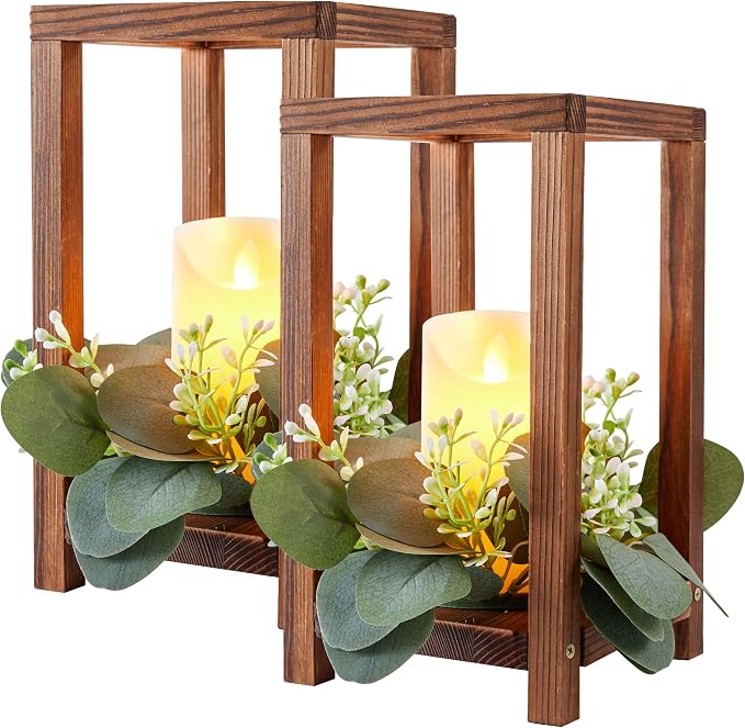 42 Pcs /14 Set Wooden Wedding Lantern Centerpiece-Wooden Candle Lantern Bulk Includes 14 Farmhouse Wooden Candle Holder 14 Flameless LED Candles 14 Eucalyptus Leaves Wreath for Decoration