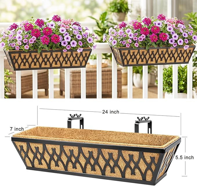 6 Pack 24 Inch Window Boxes Planters Railing Planter Box with Adjustable Brackets for Porch Fence Patio Balcony Hanging Flower Baskets with Coco Liners for Outdoor Garden Decor - Black
