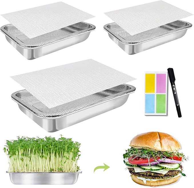 Stainless Steel Sprouts Growing Kit 3-Tier 14 inch Trays, Microgreens Growing Kit, Seed Sprouting Tray with Encrypted Mesh Sprouts for Beans Alfalfa Broccoli Wheat Grass