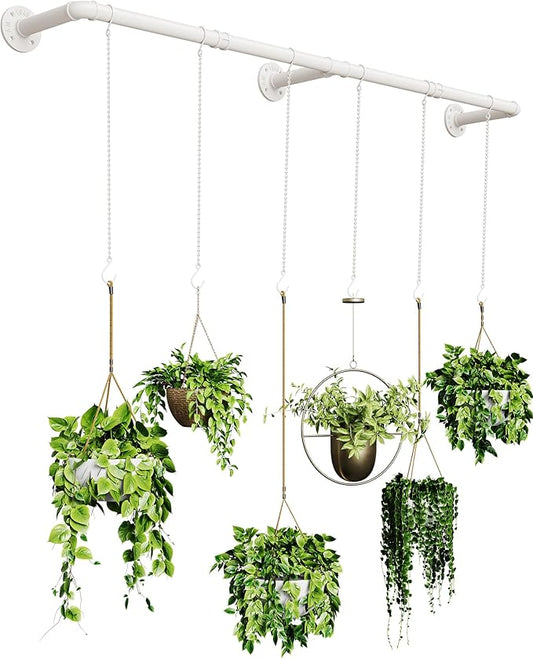 SOFITORG Plant Haning Rod, Hanging Planters for Indoor Plants with 6 Chains, Wall Plant Hanging Bar for Window Celling, 65.7 Inch, Metal White, Pots Not Included