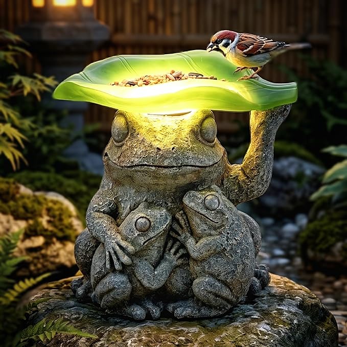 MXwcy Solar Frog Garden Statue with Bird Feeder, 7.8'' Resin Frog Family Solar Garden Light Outdoor Waterproof, Cute Yard Decor for Patio Lawn Backyard, Garden Gifts for Mom Grandma Women
