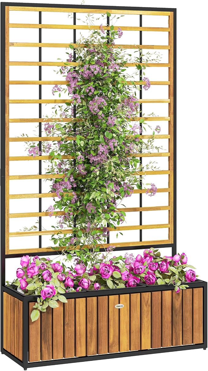 Outsunny Wooden Raised Garden Bed with Trellis, Removable Pots, Drainage Holes for Climbing Vines, Vegetables, Flowers, Raised Planter Box for Backyard, Patio, Balcony, 29 x 11 x 52 in., Teak