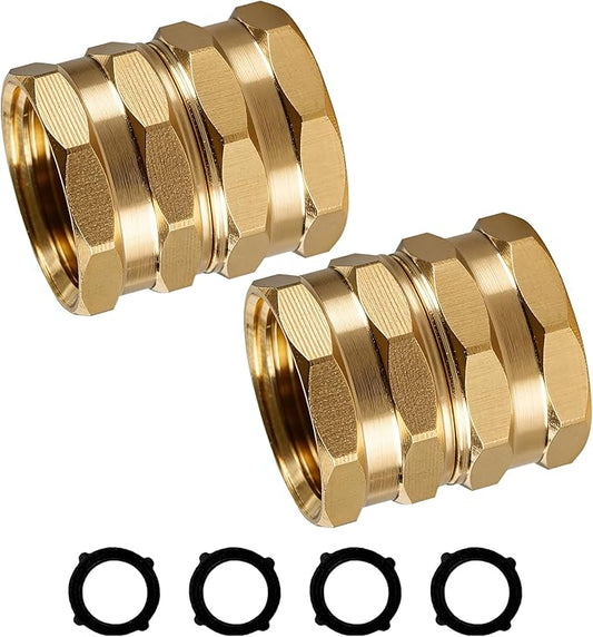 Hourleey Brass Garden Hose Adapter, 2 Pack 3/4 Inch Heavy Duty Solid Brass Female to Female Hose Connector, Garden Hose Repair Fittings with 4 Extra Washers, Leak-Proof Double Female Coupler