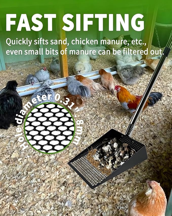 Chicken Poop Scooper, 2 Pack Chicken Coop Scoop with 3.8mm & 8mm Mesh,Chicken Poop Scooper for sand,Chicken Coop Accessories,Chicken Coop Cleaning Tools,Metal Chicken Coop Rake and Scoop Tool(Black)